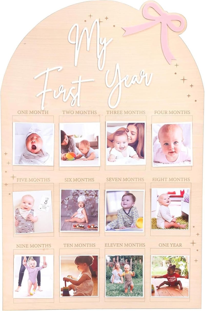 FLhdM My First Year Photo Frame Board, 1st Birthday Girl Boy Gifts, Newborn Newmom Gift, 1 Year Old Girls Gifts, One Year Birthday Party Decorations, Baby Shower Baptism Favors, 12 Months Milestone - Image 1